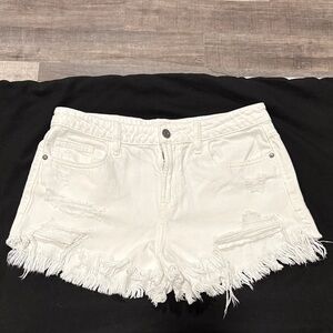 Women's White Distressed Frayed Hem Denim Shorts